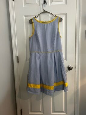 Elle Blue Seersucker Casual Dress with Yellow Trim